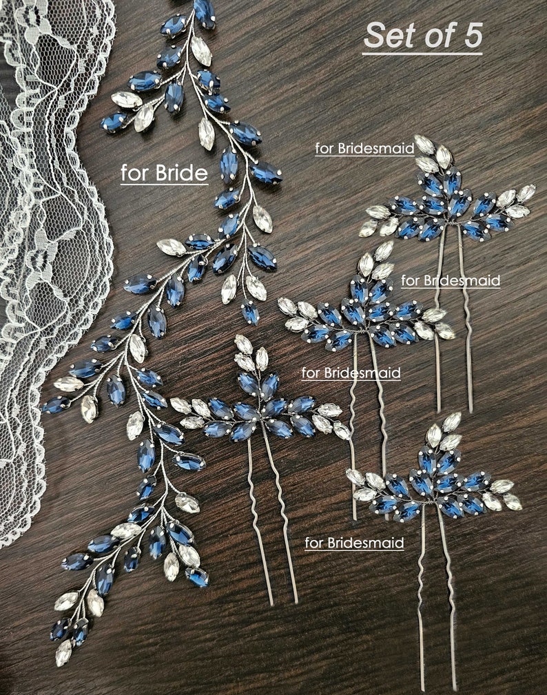 Navy Blue Bridal Hair Vine with Navy Blue Crystals Emerald GNavy Blue Crystal Headpiece for Wedding Brides Navy Blue Hair Vine for Brides image 6