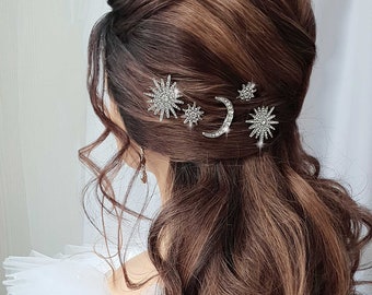 Crystal stars and moon hair pins Stars hair pins Stars hair clip Star hair accessories wedding Moon and star Hair Clip Star & Moon Barrettes