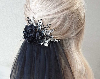 Black flower comb Gothic wedding hair piece Black Wedding Veil Gothic hair piece Black hair piece goth hair accessories Halloween Hair Clip