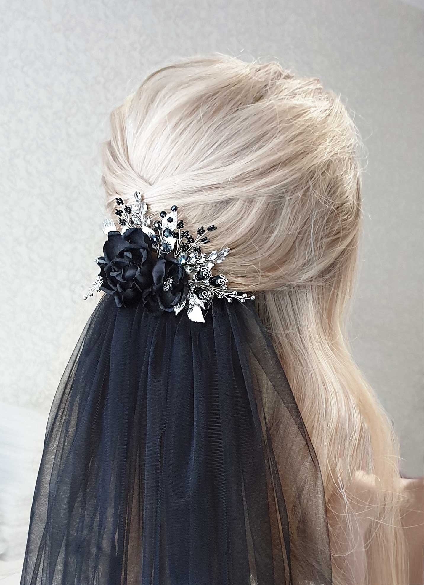Black Flower Comb Gothic Wedding Hair Piece Black Wedding Veil Etsy