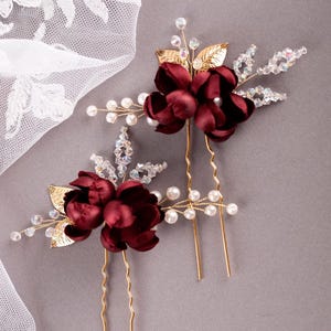 Burgundy silk flower hair pins Burgundy rosebud hair pin Burgundy Wedding Bridesmaid hair accessories Floral hair pins Dark red hair piece