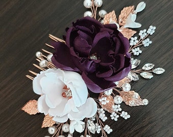 Purple Bridal Headpiece Rose Gold Wedding Hair comb Purple Bridal Flower comb Rose Gold Floral Wedding Headband Purple bridal hair piece