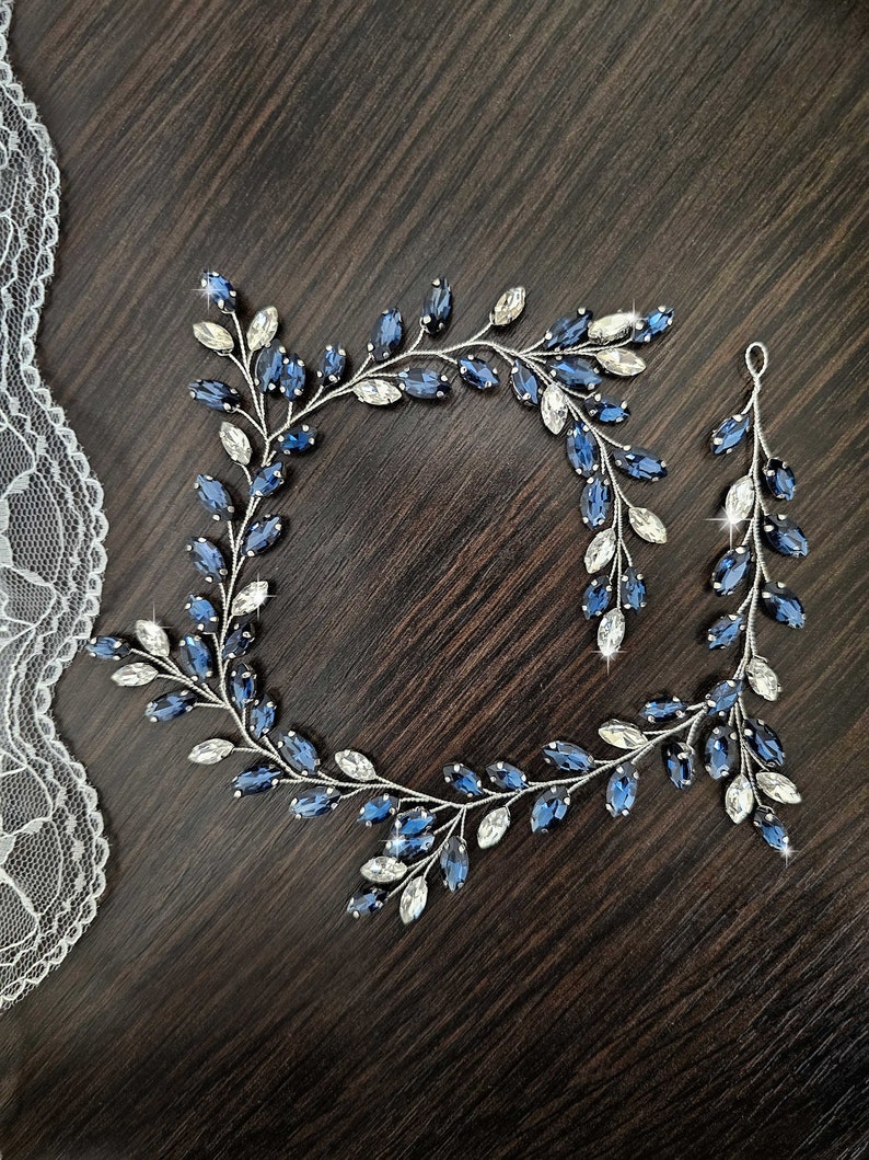 Navy Blue Bridal Hair Vine with Navy Blue Crystals Emerald GNavy Blue Crystal Headpiece for Wedding Brides Navy Blue Hair Vine for Brides image 4