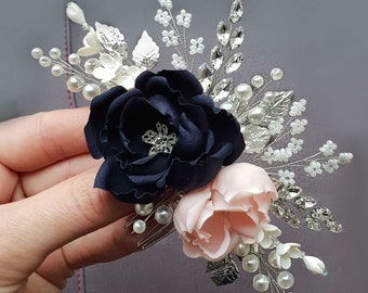 Navy Blush wedding hairpiece Navy Blush bridal comb Navy wedding hair piece Navy Blue Blush hair clip Navy Blue hair comb Navy Blush comb