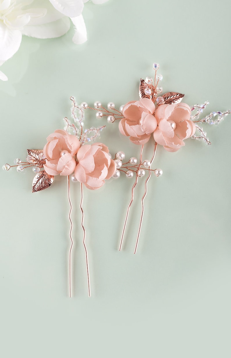 Rose Gold Wedding hair Pins Blush Bridal hairpins Blush Wedding hair piece Pink Bridal hairpiece Blush hair Flower Bridal Headpiece Pink pin image 3