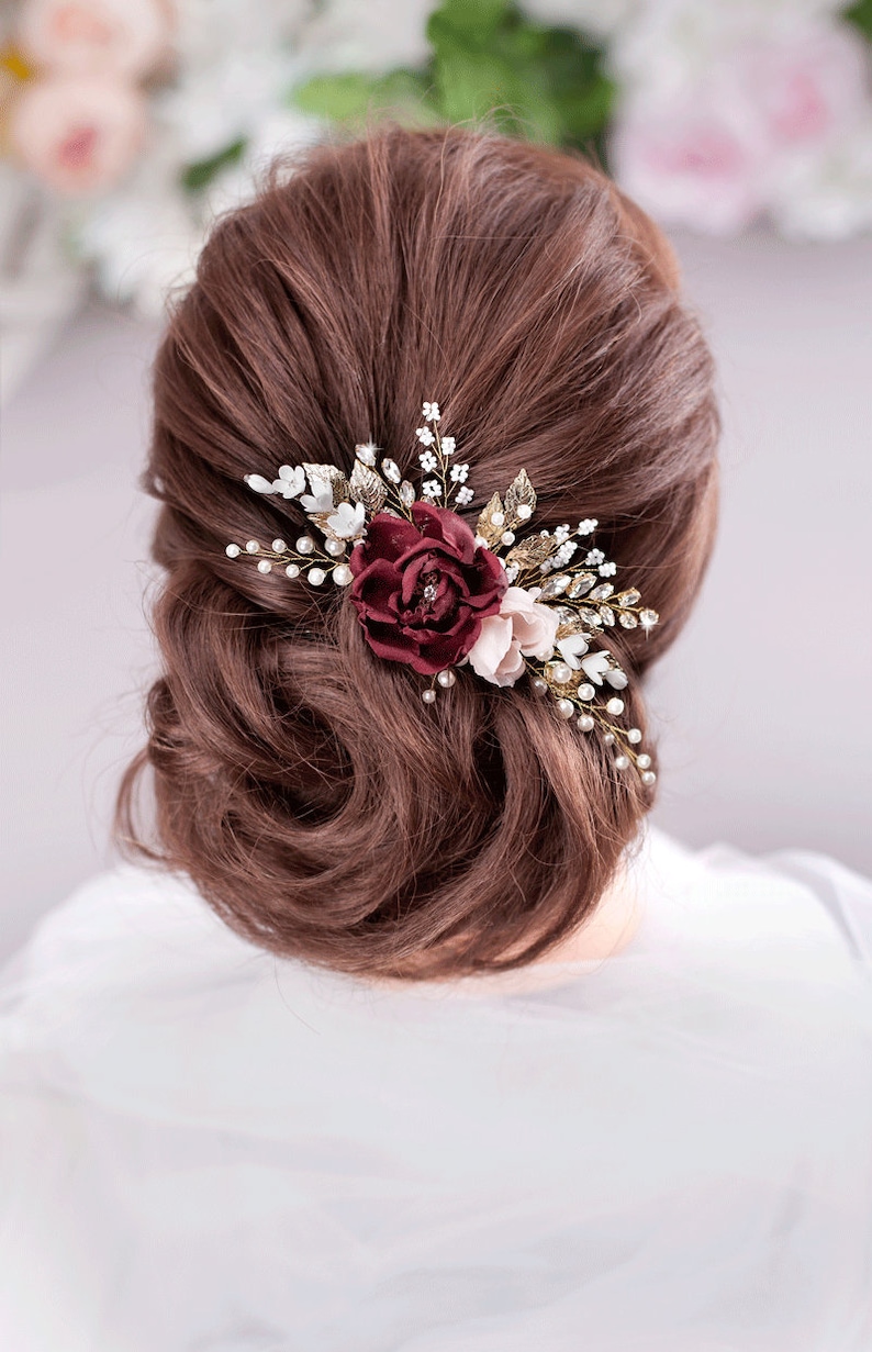 Burgundy Blush flower comb Burgundy wedding Maroon Flower comb Burgundy Floral Hair Comb Burgundy hair accessories Marsala Bridal Hair Comb image 1