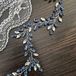 Navy Blue Bridal Hair Vine with Navy Blue Crystals Emerald GNavy Blue Crystal Headpiece for Wedding Brides Navy Blue Hair Vine for Brides image 3