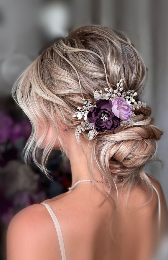 Purple Bridal Hair Comb With Crystals and Violet Flowers  display picture 3