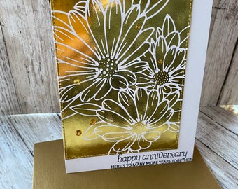 Wedding Floral Card- Wedding Greeting Card- Anniversary Greeting Card- Handmade Greeting Card- Handmade Card- Foiled Card- Gold Foil-Bouquet