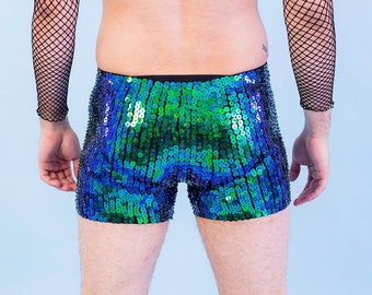 Emerald green mermaid sequin shorts for men. Perfect festival / party outfit.