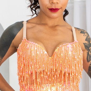 Sequin bikini beaded bra in Sunset Orange Sequins. Perfect for festival outfit, party wear and beach bikini.