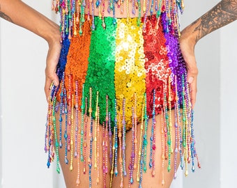 Booty high waist shorts in rainbow stripes. Perfect for festival outfit, rave, party wear and, of course, Pride!