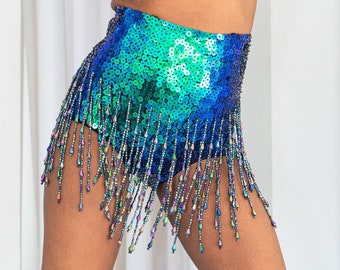 Emerald Green Mermaid sequin booty shorts for women. Perfect festival outfit and sparkly rave wear.