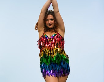 Handmade Sequin Rainbow Dress. Think Studio 54 and Panic! at the Disco.