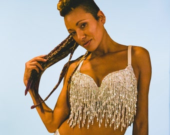 Silver sequin and beads bra top. perfect for festival outfit, sparkly rave wear and party outfit.