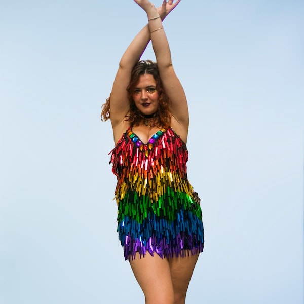 Handmade Sequin Rainbow Dress. Perfect for festival outfit and sparkly rave wear.