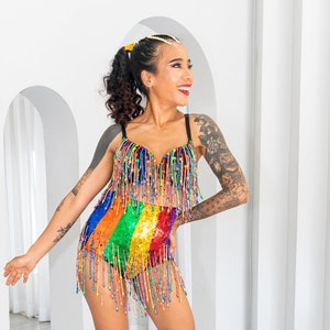 Sequin shorts, high waist shorts in rainbow sequin stripes, sexy thong cut. Perfect for festival outfit, rave, party wear, Pride!