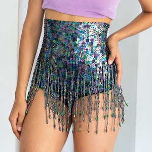Disco black sequin booty shorts for women with beads. Perfect festival outfit, sparkly rave and party wear.