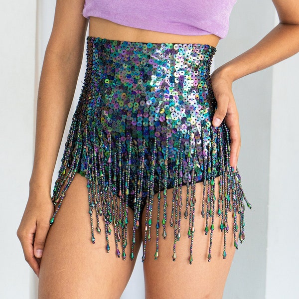 Disco black sequin booty shorts for women with beads. Perfect festival outfit, sparkly rave and party wear.