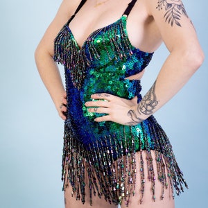 Emerald Green Mermaid sequin bodysuit for women. Perfect for festival outfit and party clothing. Booty cut, also available in Thong cut. image 8