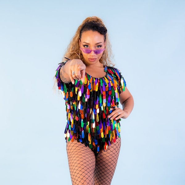 Festival outfit, sequin bodysuit for women in rainbow sequins. Glittery, sparkle leotard, party wear.