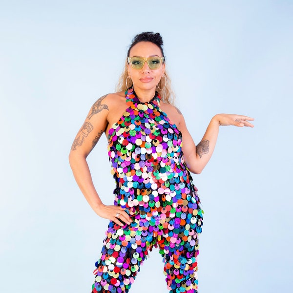 Rainbow Droplet Sequin Jumpsuit from our new Bangkok Night Collection. Studio 54 style.
