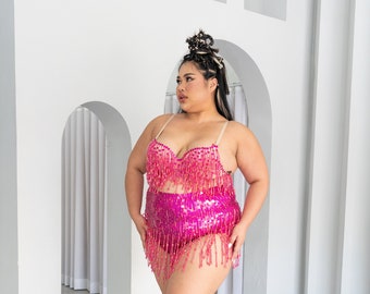 Hot Pink booty sequin short and bra set. Perfect for festival outfit, sparkly rave wear. Great for pole dance and burlesque wear.