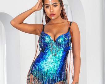 Emerald green sequin sexy festival bodysuit. Perfect for festival wear, rave and pole dance outfit, circus and carnival costumes. THONG CUT.