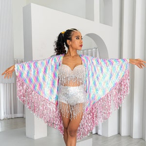 Neon Rainbow Sequin Kimono for the perfect festival outfit. Glamorous festival sequin wear / accessory for women and men. Sparkle in Style image 1