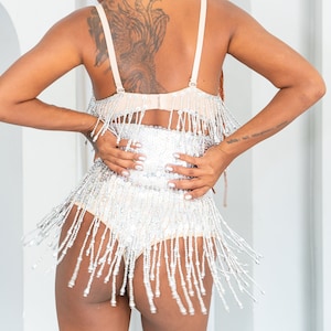 High waist sequin shorts in silver sequins in our new sexy, thong cut shapewear. Perfect for festival outfit, sparkly rave and party wear.