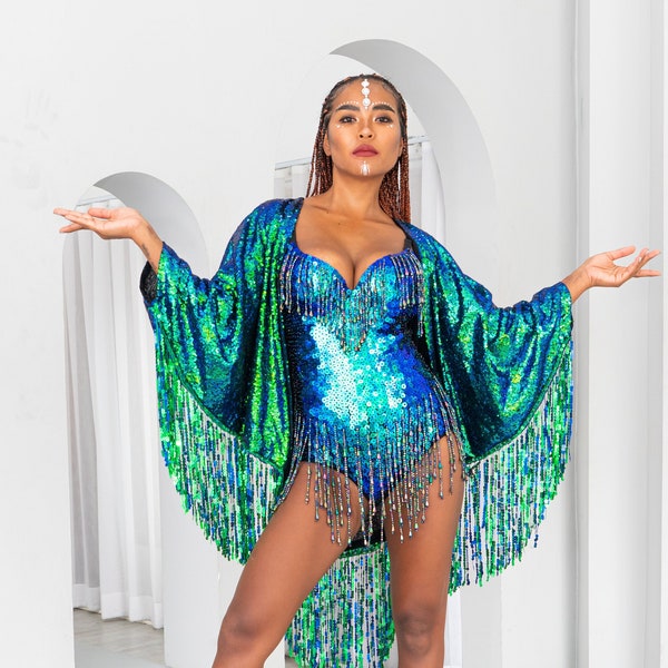 Mermaid Green Sequin Kimono for the perfect festival outfit. Glamorous festival sequin wear accessory for women and men. Sparkle in Style!