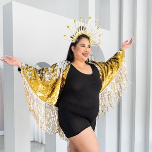 Handmade silver and gold reversible sequin kimono with fringing.
