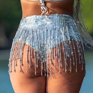 Cheeky G-string low waist sequin shorts in Mirrorball Silver sequins. Perfect for festival outfit, sparkly rave and party wear.