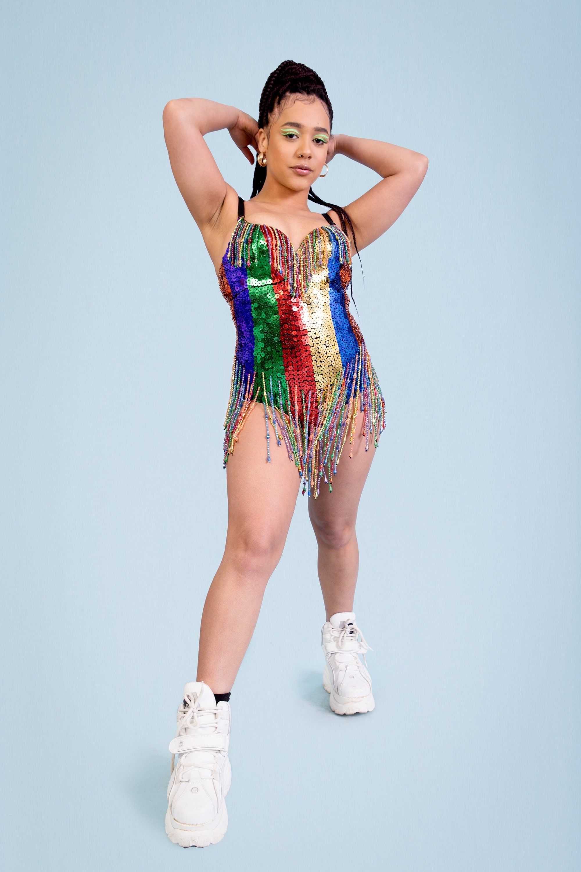 FESTIVAL FASHION - Rainbow Rhinestones Tassel Sleeve Bodysuits - Deser – By  Order Of The Queen