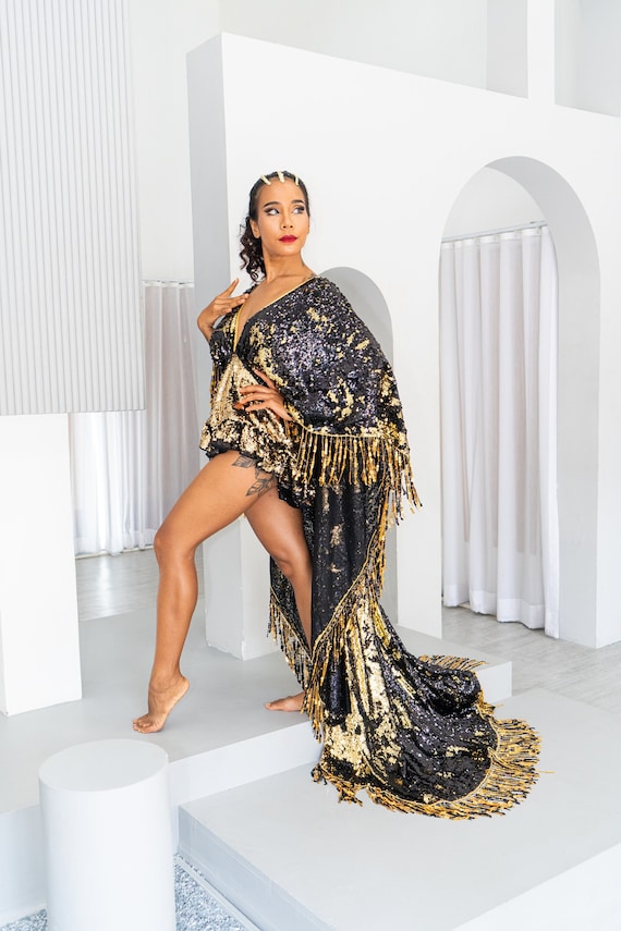 sequin bodysuit dress Sequin Bodysuit Kimono Cape in Black and Gold Reversible Sequins. Perfect  for Stage Wear to Festival Outfit, Hen Parties and Rave Wear