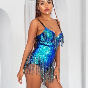 Emerald Green Mermaid sequin bodysuit for women. Perfect for festival outfit and party clothing. Booty cut, also available in Thong cut. image 4