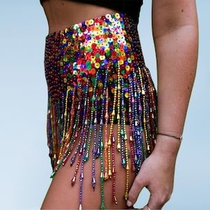 Rainbow sequin festival shorts with beaded fringe for women, great pole dance, hot pants and rave wear outfit, ethical sustainable fashion