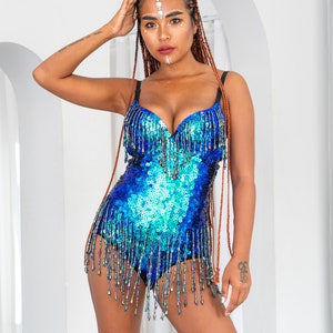 Emerald Green Mermaid sequin bodysuit for women. Perfect for festival outfit and party clothing. Booty cut, also available in Thong cut. image 5