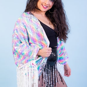 Neon Rainbow Sequin Kimono for the perfect festival outfit. Glamorous festival sequin wear / accessory for women and men. Sparkle in Style image 9