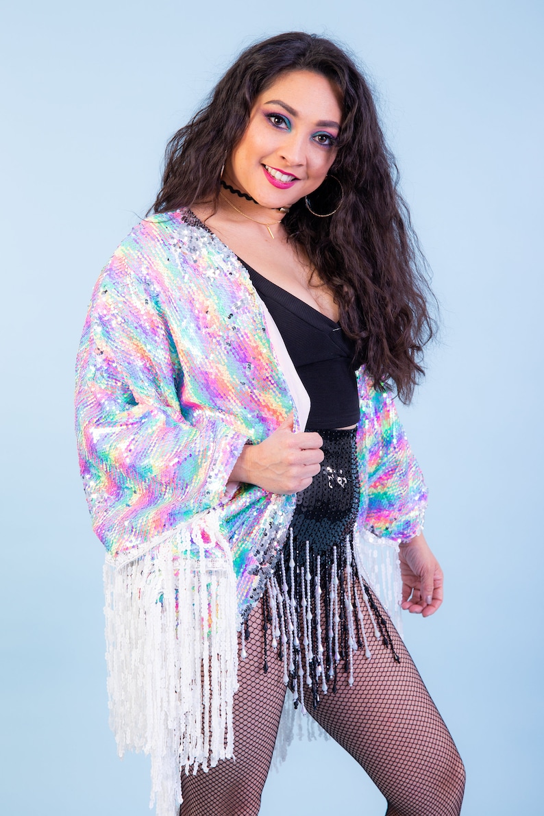 Neon Rainbow Sequin Kimono for the perfect festival outfit. Glamorous festival sequin wear / accessory for women and men. Sparkle in Style image 9