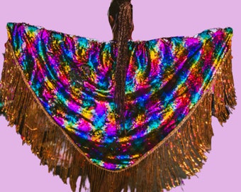 Handmade rainbow sequin kimono cape with sequin fringing.