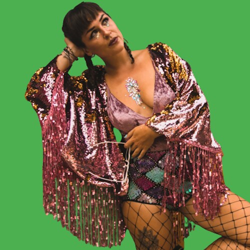 Gorgeous Sunset sequin kimono in reversible pink and gold sequins.