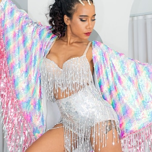 Neon Rainbow Sequin Kimono for the perfect festival outfit. Glamorous festival sequin wear / accessory for women and men. Sparkle in Style image 5