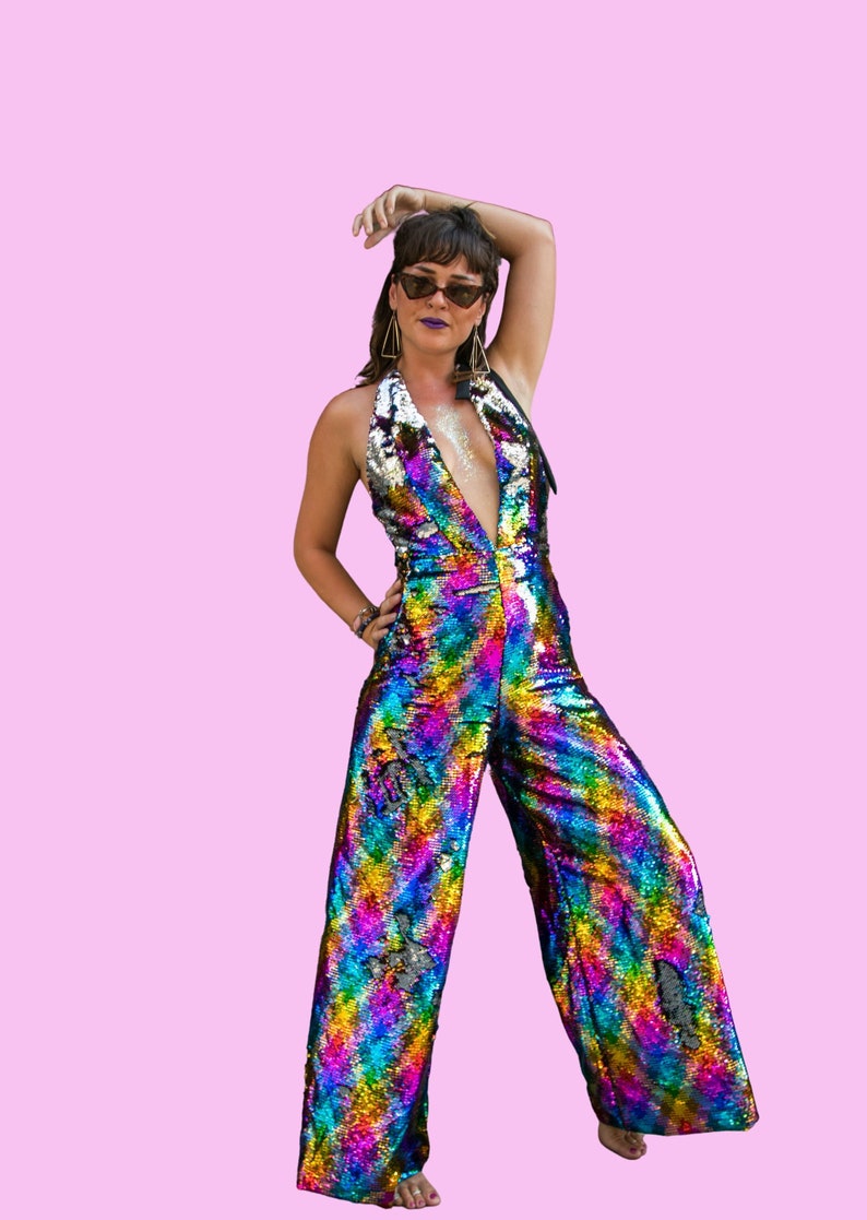 Rainbow sequin disco jumpsuit for women. Sparkle disco pants. 