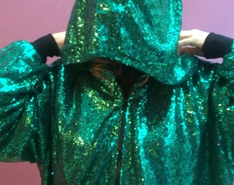 Gorgeous green sequin hooded bomber jacket