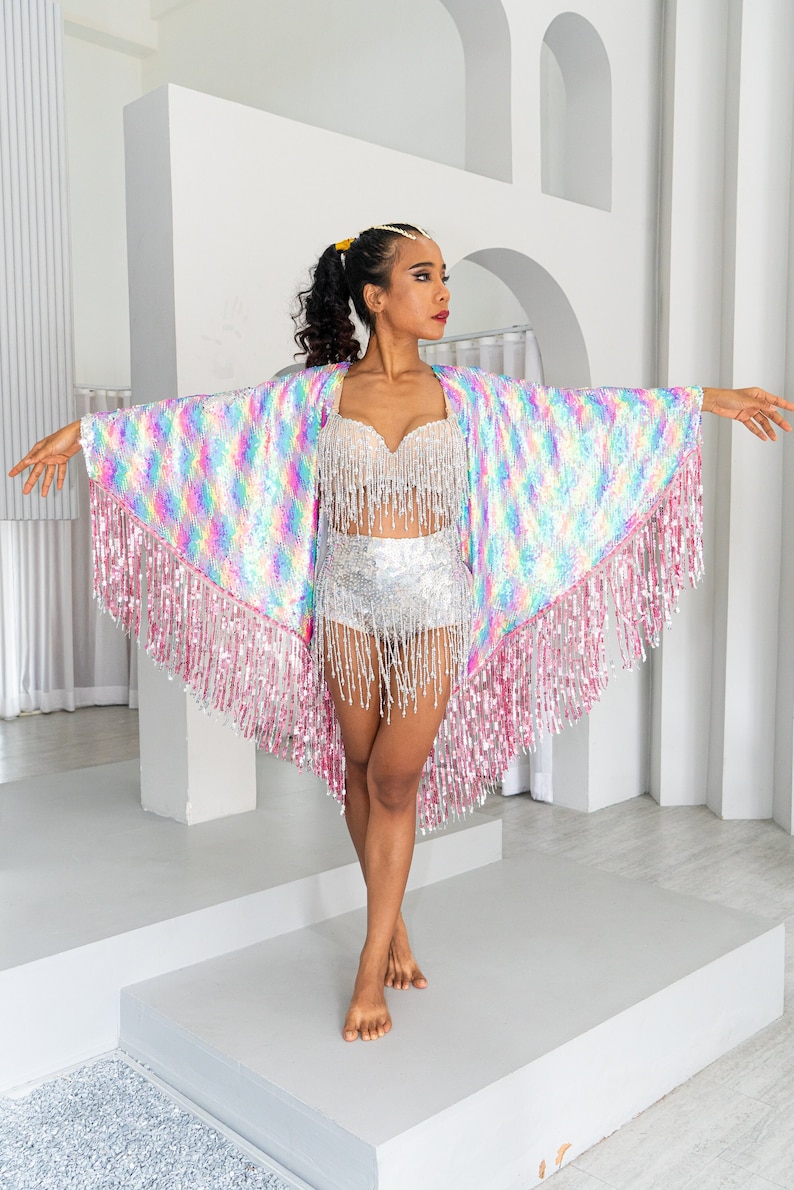 Neon Rainbow Sequin Kimono for the perfect festival outfit. Glamorous festival sequin wear / accessory for women and men. Sparkle in Style image 1