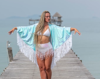 Sea breezy blue green sequin kimono. New for 2023, stunning unicorn kimono for summer nights, hen parties and festival outfits.