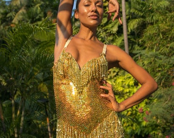 Handmade gold sequin bodysuit with beading for women.