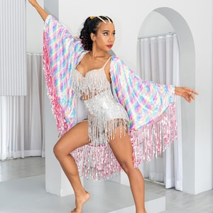Neon Rainbow Sequin Kimono for the perfect festival outfit. Glamorous festival sequin wear / accessory for women and men. Sparkle in Style image 3