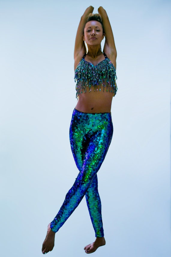 Emerald Green Mermaid Sequin Leggings for Women, Perfect Festival